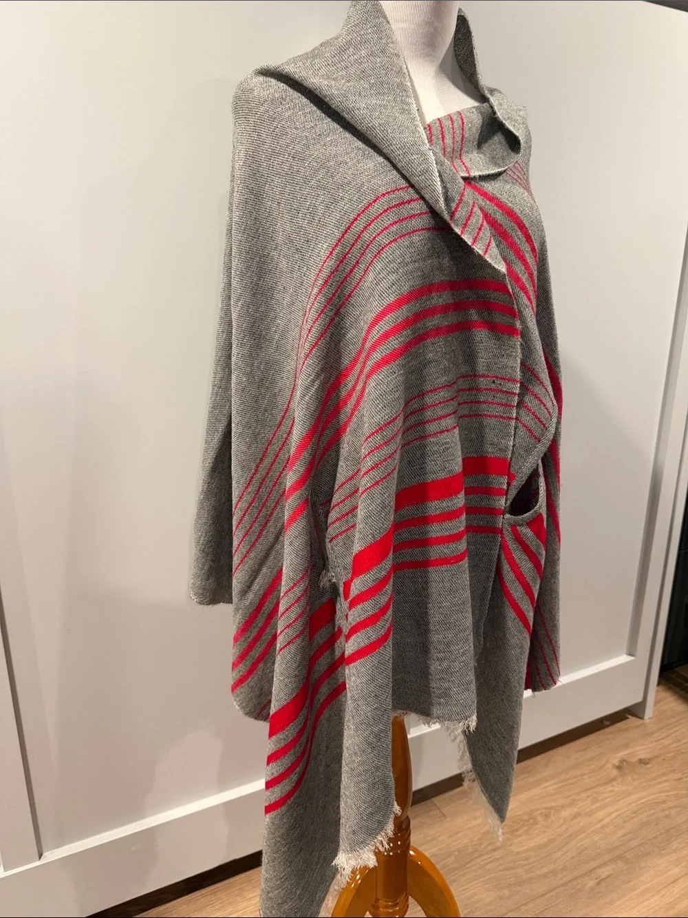 J. Crew Gray and Red Striped Knit Poncho
